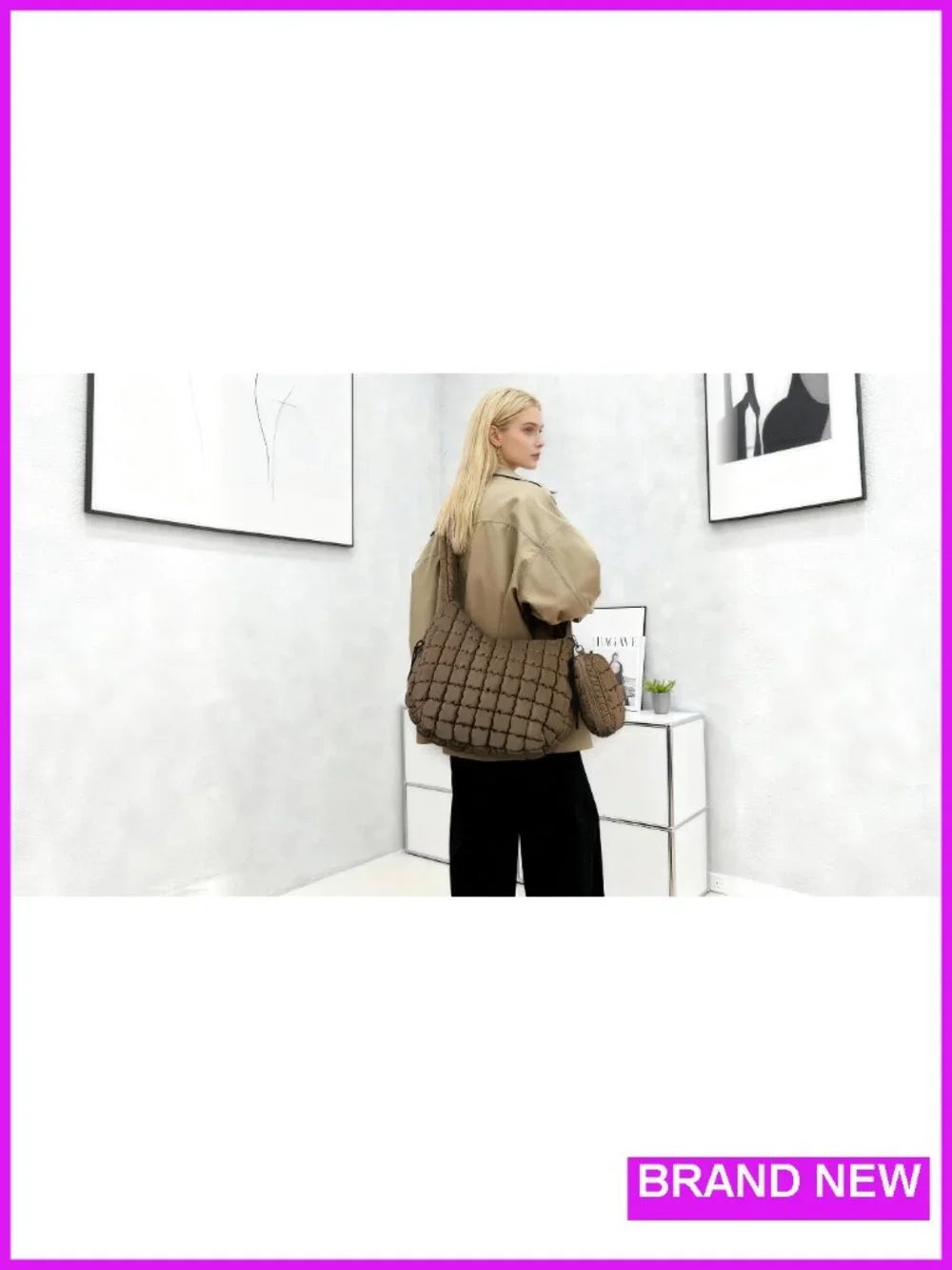 Quilted Puffer Tote Bag with Adjustable Strap and Detachable Pouch